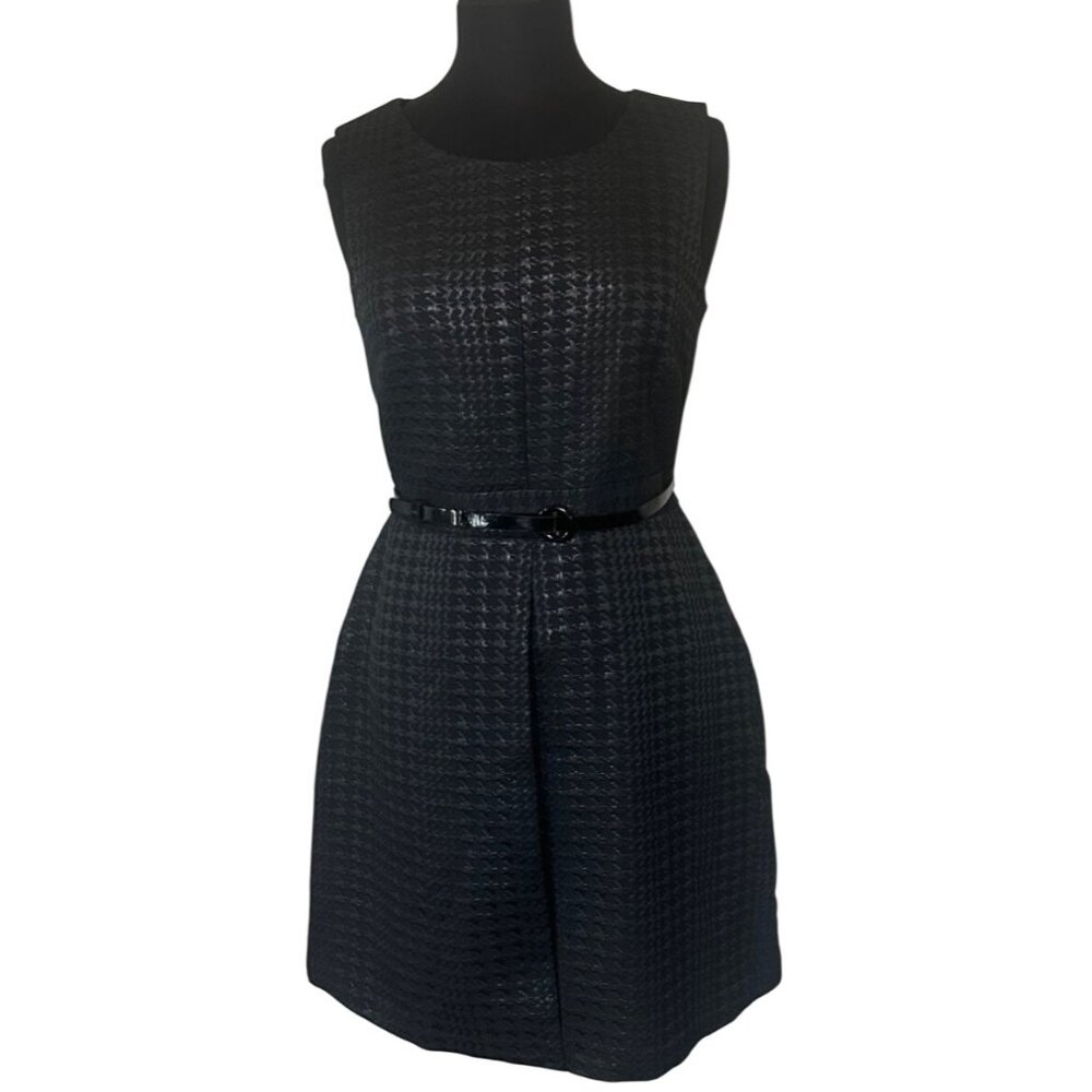 Women's Covington Black Pleated Belt Mini Dress Houndstooth Cotton Blend Size 6